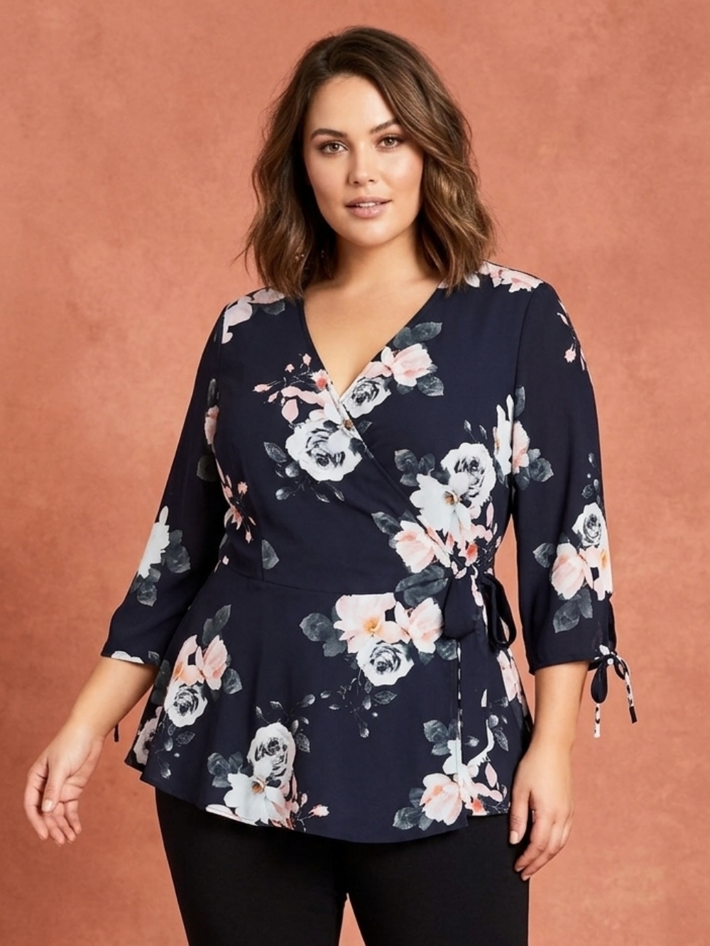 City Chic Navy Floral Wrap Blouse with Peach and White Blooms